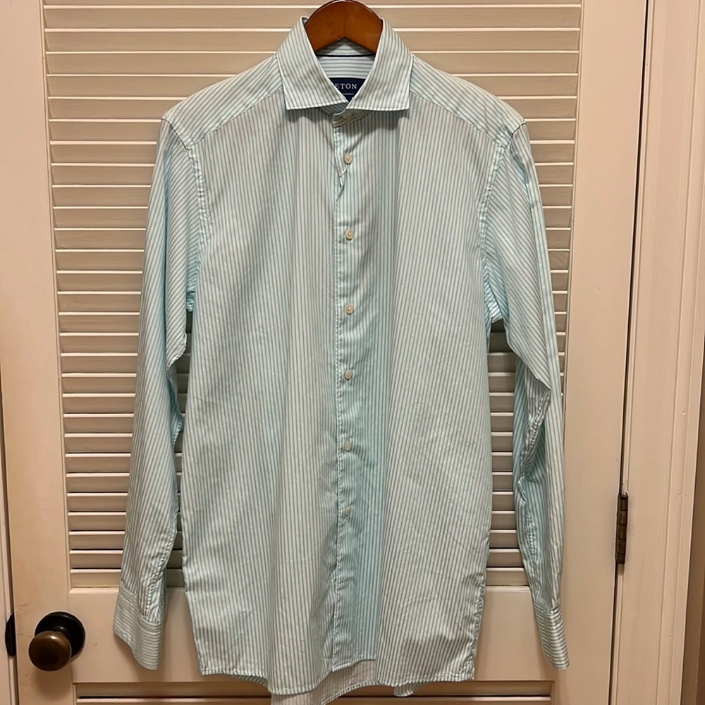 19. Eton Contemporary Mens Dress Shirt in Mint-Green Stripes